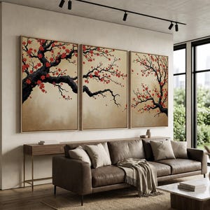 Japanese Cherry Blossom Wall Art, Sakura Tree Triptych, Asian Ink Painting, Zen Home Decor, Floral Canvas Print, Oriental Minimalist Art image 9