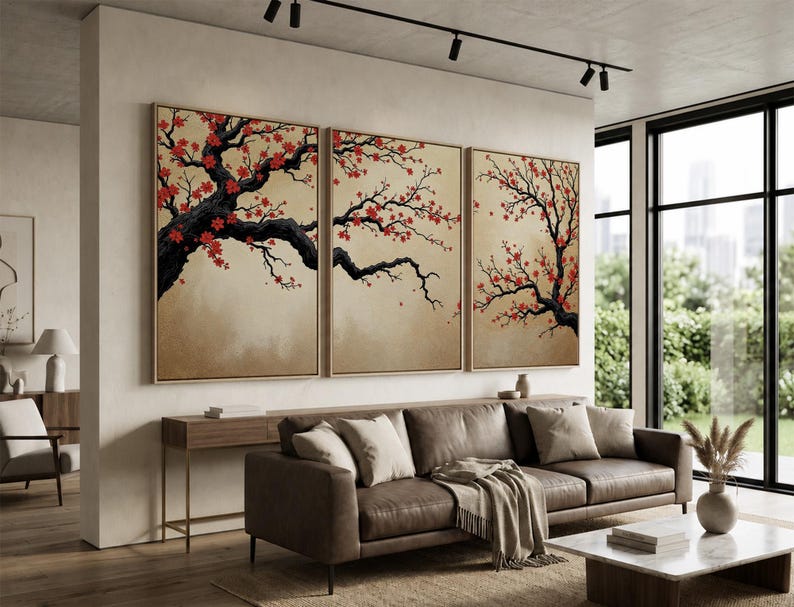 Japanese Cherry Blossom Wall Art, Sakura Tree Triptych, Asian Ink Painting, Zen Home Decor, Floral Canvas Print, Oriental Minimalist Art image 9