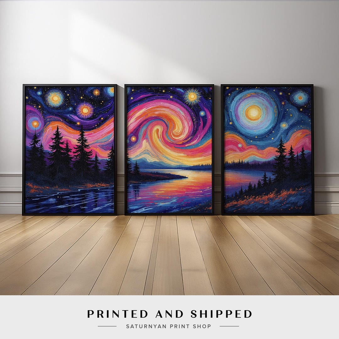 Starry Sky Landscape Wall Art Triptych | Vibrant Galaxy Canvas Prints ...