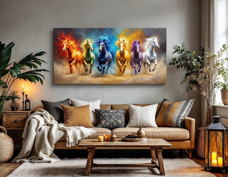 Mystical Horse Wall Art, Vibrant Running Horses Canvas Print, Fantasy ...