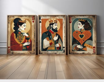 Vintage Playing Card Wall Art | Set of 3 King and Queens Set with Retro Royal Canvas Prints | Unique Poster Wall Decor and Game Room Styling