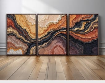 Abstract Stone Patterns Wall Art Triptych | Earthy Terracotta and Black Canvas Prints | Boho and Modern Living Room Triptych Decor