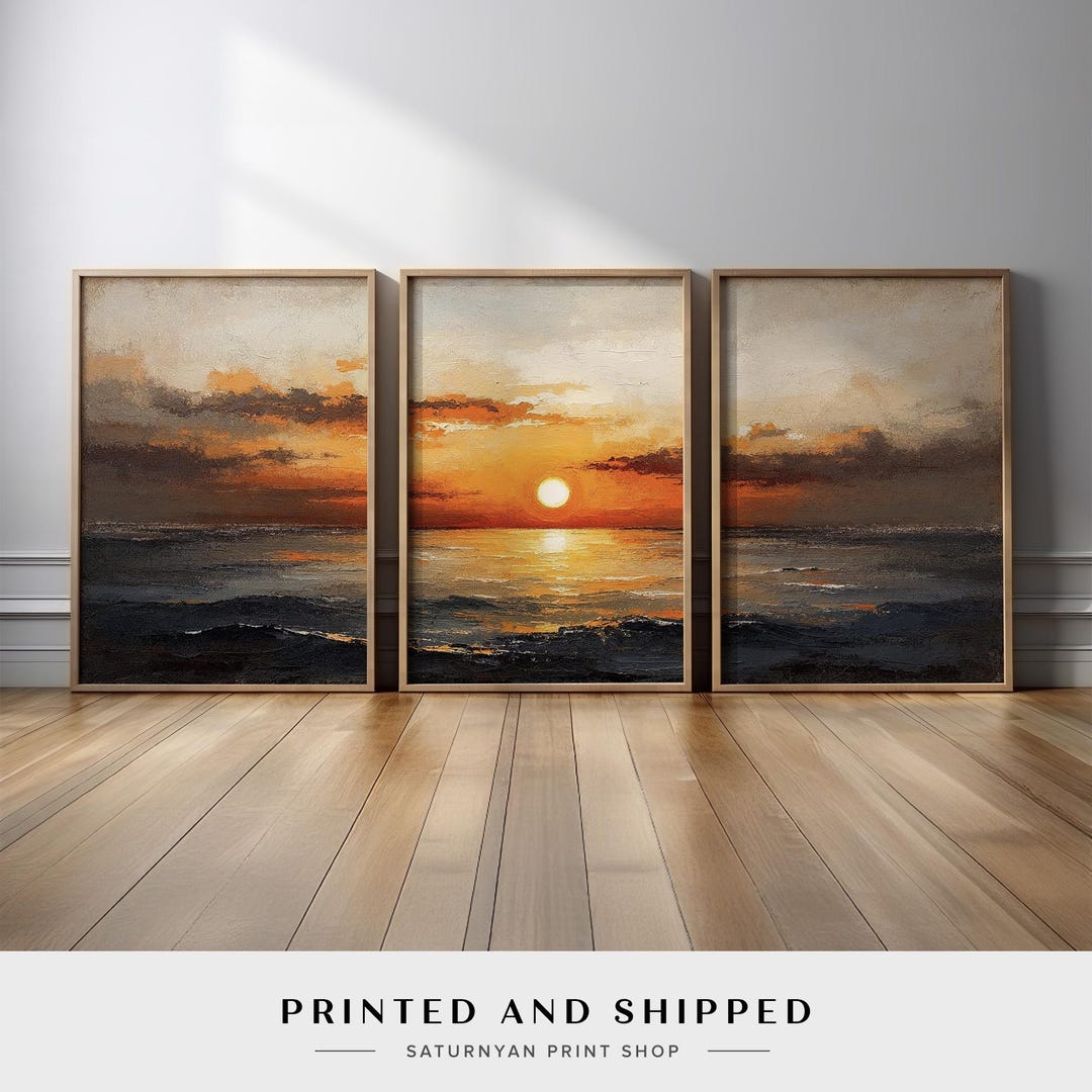 Sunset Ocean Wall Art Set of 3 | Warm Coastal Seascape Canvas Prints ...