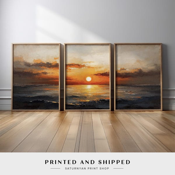 Sunset Ocean Wall Art Set of 3 | Warm Coastal Seascape Canvas Prints with Sun and Waves | Triptych for Beach House or Living Room Decor