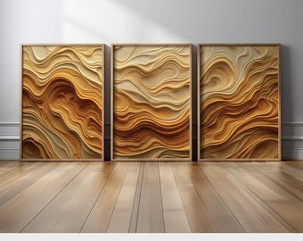 Topographic Earthy Abstract Wall Art Triptych | Beige, Brown, Burnt Orange Wave Pattern | Organic Minimalist Nature-Inspired Canvas Prints