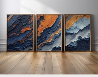 Geology-Inspired Abstract Triptych Wall Art | Navy Blue, Terracotta, and Beige Layered Earth Canvas Prints | Modern Rustic Home Decor
