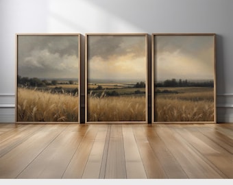 Neutral Landscape Wall Art Set of 3 | Golden Wheat Field with Moody Sky and Countryside Canvas Prints | Rustic Farmhouse Decor