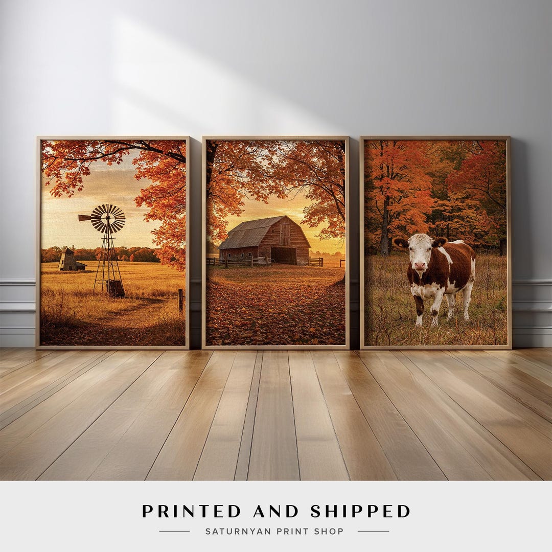 Farmhouse Wall Art Set of 3 | Rustic Autumn Country Triptych Canvas ...