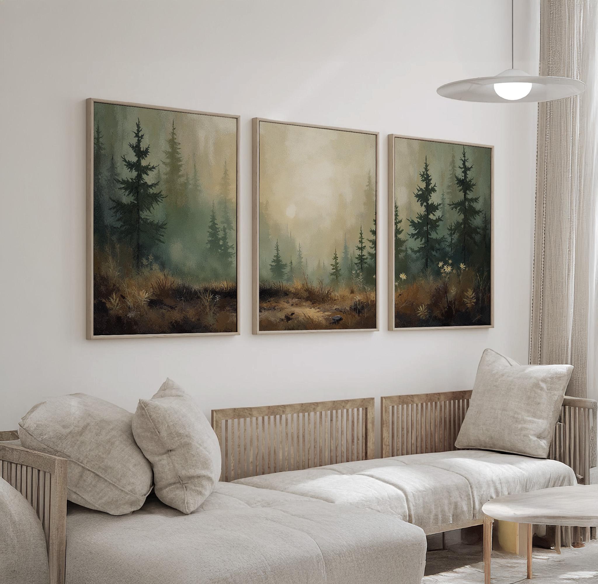 Misty Forest Wall Art Triptych | Serene Pine Tree Canvas Prints With ...