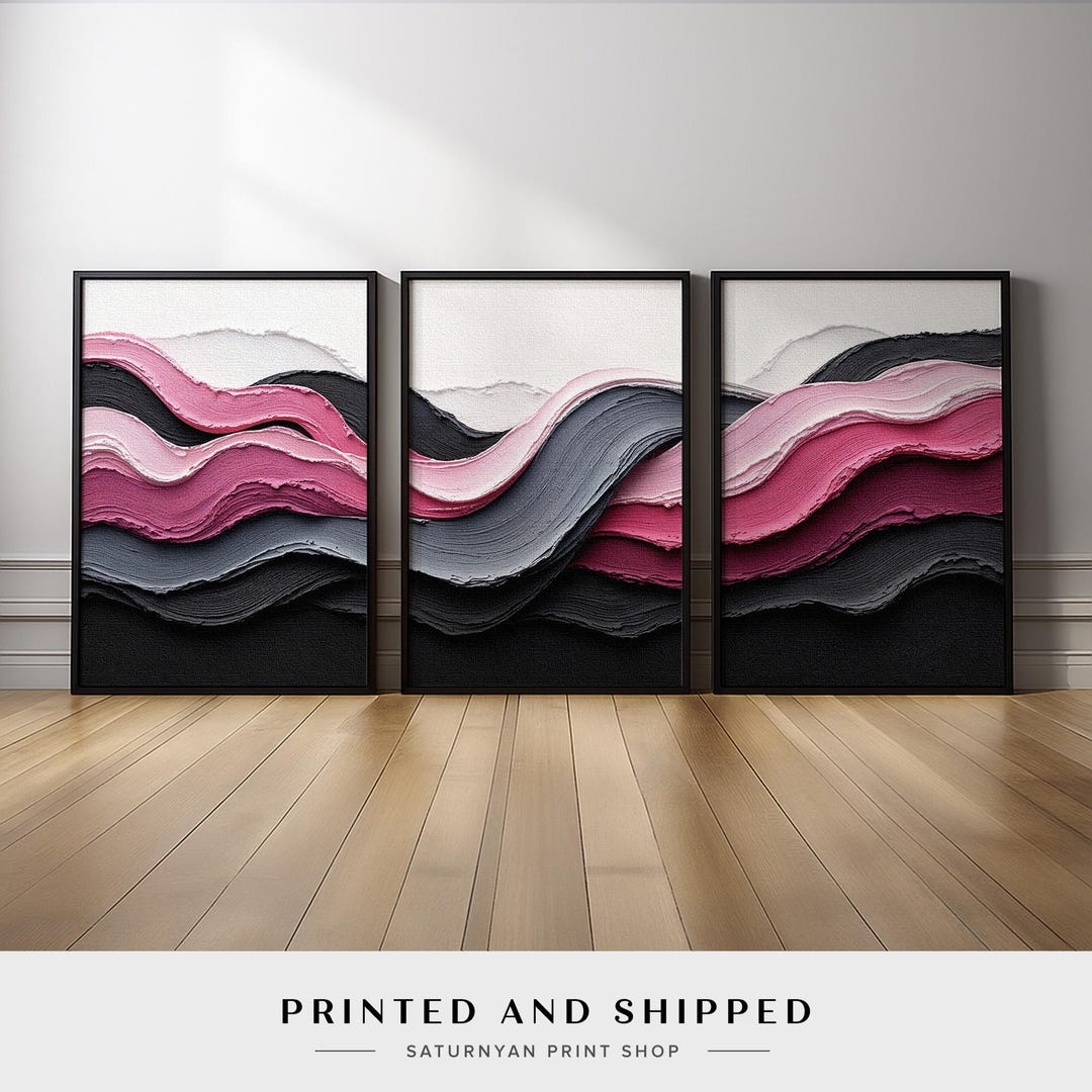 Abstract Pink Black Wave Inspired Wall Art Set of 3 | Modern Feminine ...