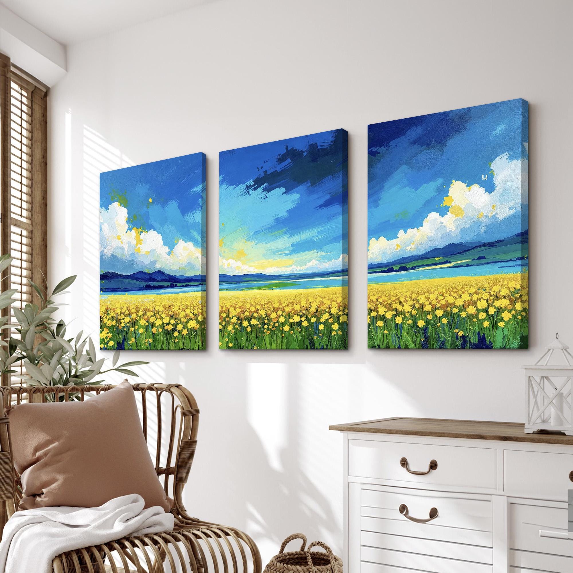 Floral Landscape Wall Art Triptych | Yellow Flower Field With Blue Sky ...