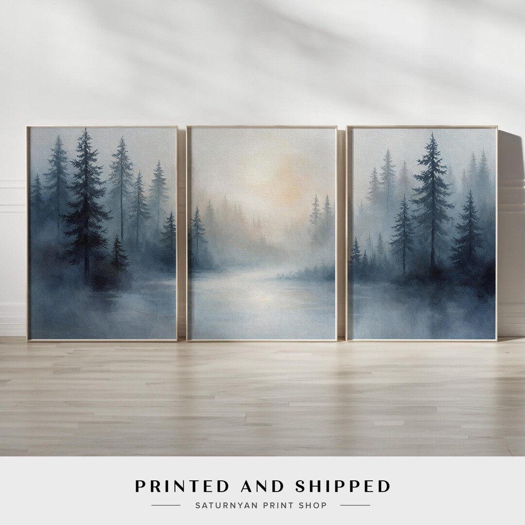 Misty Forest Triptych Wall Art Set | Scandinavian Landscape Painting in ...