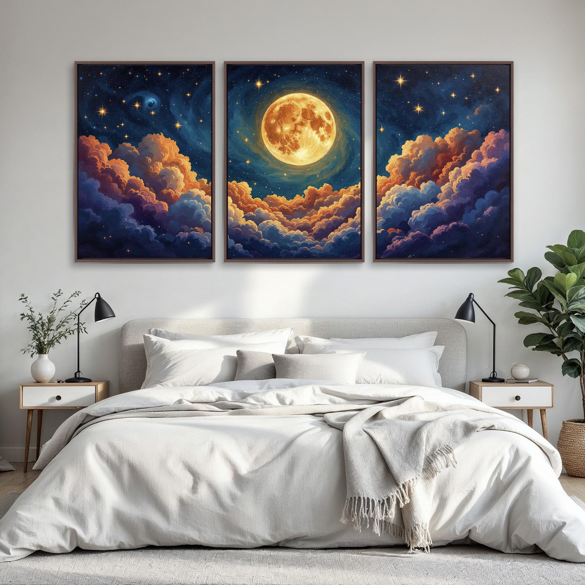 Night Sky Wall Art Set of 3 | Glowing Full Moon and Cloudscape Canvas ...