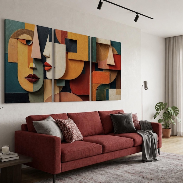 Cubist Face Abstract Wall Art Set of 3 | Bold Geometric Canvas Triptych  | Terracotta, Mustard, Teal and Beige Tones for Modern Boho Decor