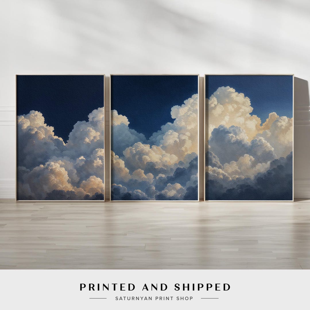 Dreamy Sky Wall Art Triptych | Fluffy Clouds and Deep Blue Sky Canvas ...