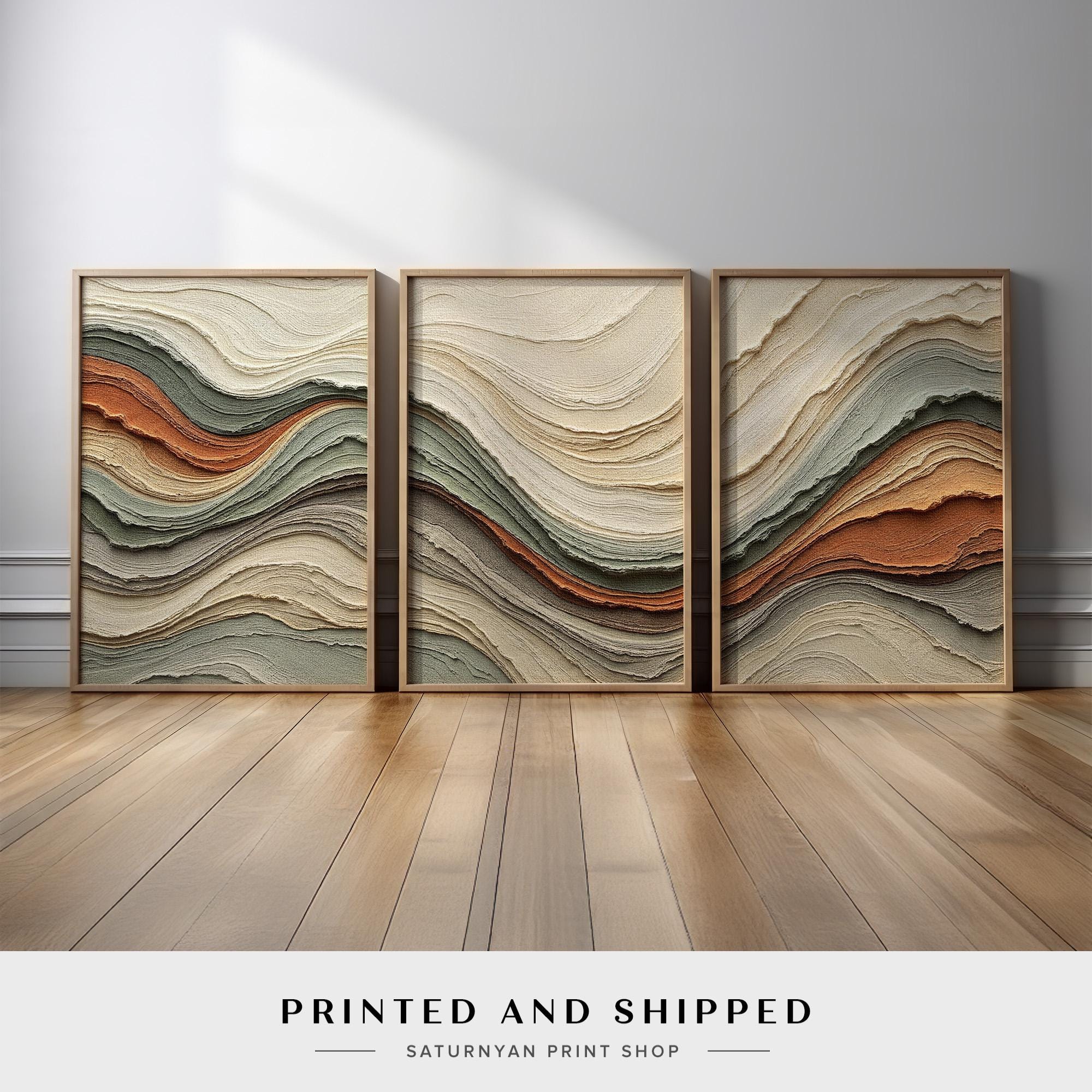 Wave Flow Abstract Beige Sage Green Terracotta Wall Art Set of 3 ...