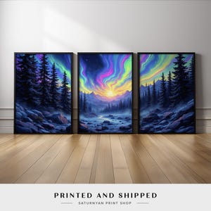 Aurora Borealis Landscape Wall Art | Northern Lights Mountain Canvas Print Set of 3 | Blue and Purple Fantasy Nature Art for Living Room