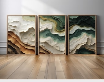 Earthy Green and Brown Abstract Wall Art Set of 3 | Mountains and Stone Abstract Canvas Prints | Modern Nature Wall Decor