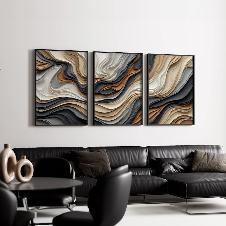 Earthy Modern Abstract Triptych Wall Art | Flowing Black, Tan and Cream ...