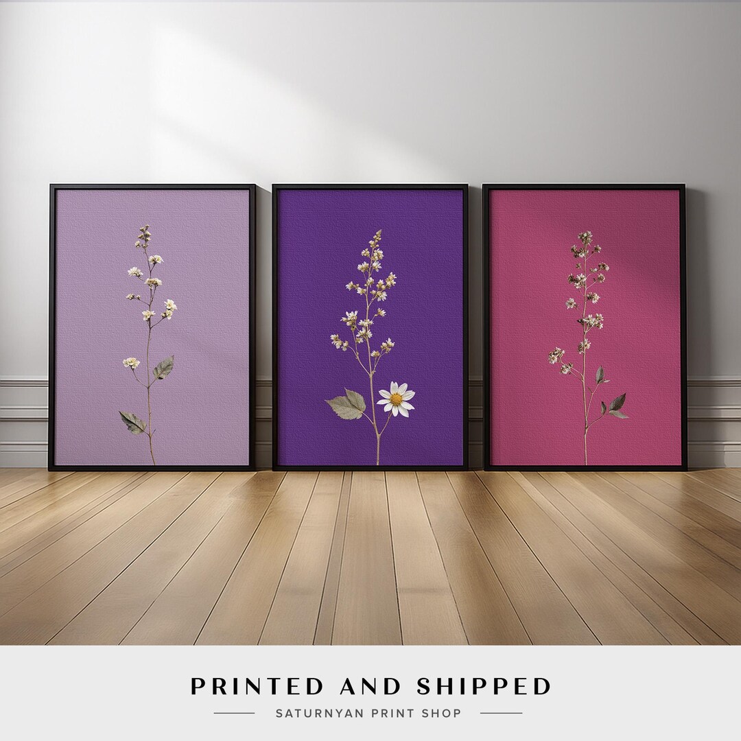 Botanical Wall Art Set of 3 | Minimalist Floral With Purple, Pink and ...