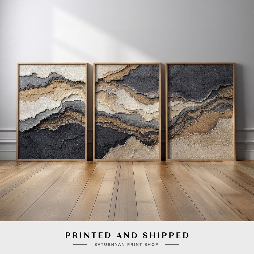 Black and Beige Abstract Wall Art Set of 3 | Earth Tone Canvas Prints ...