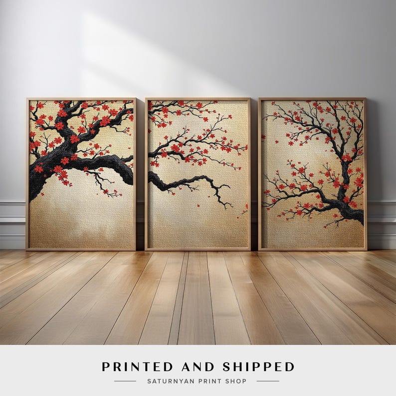 Japanese Cherry Blossom Wall Art, Sakura Tree Triptych, Asian Ink Painting, Zen Home Decor, Floral Canvas Print, Oriental Minimalist Art image 6