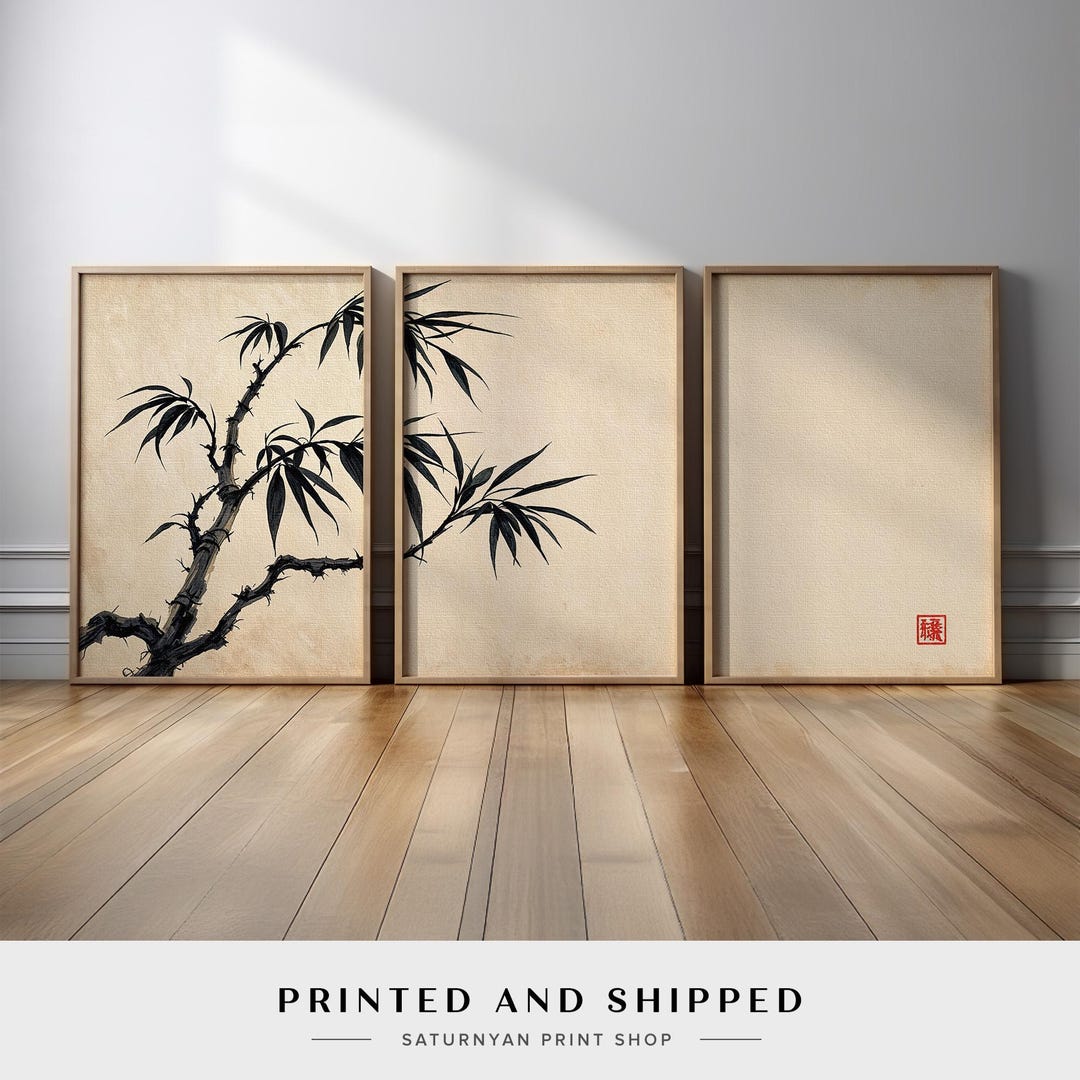 Japanese Minimalist Bamboo Wall Art Set of 3 | Zen Sumi-e Ink Painting ...