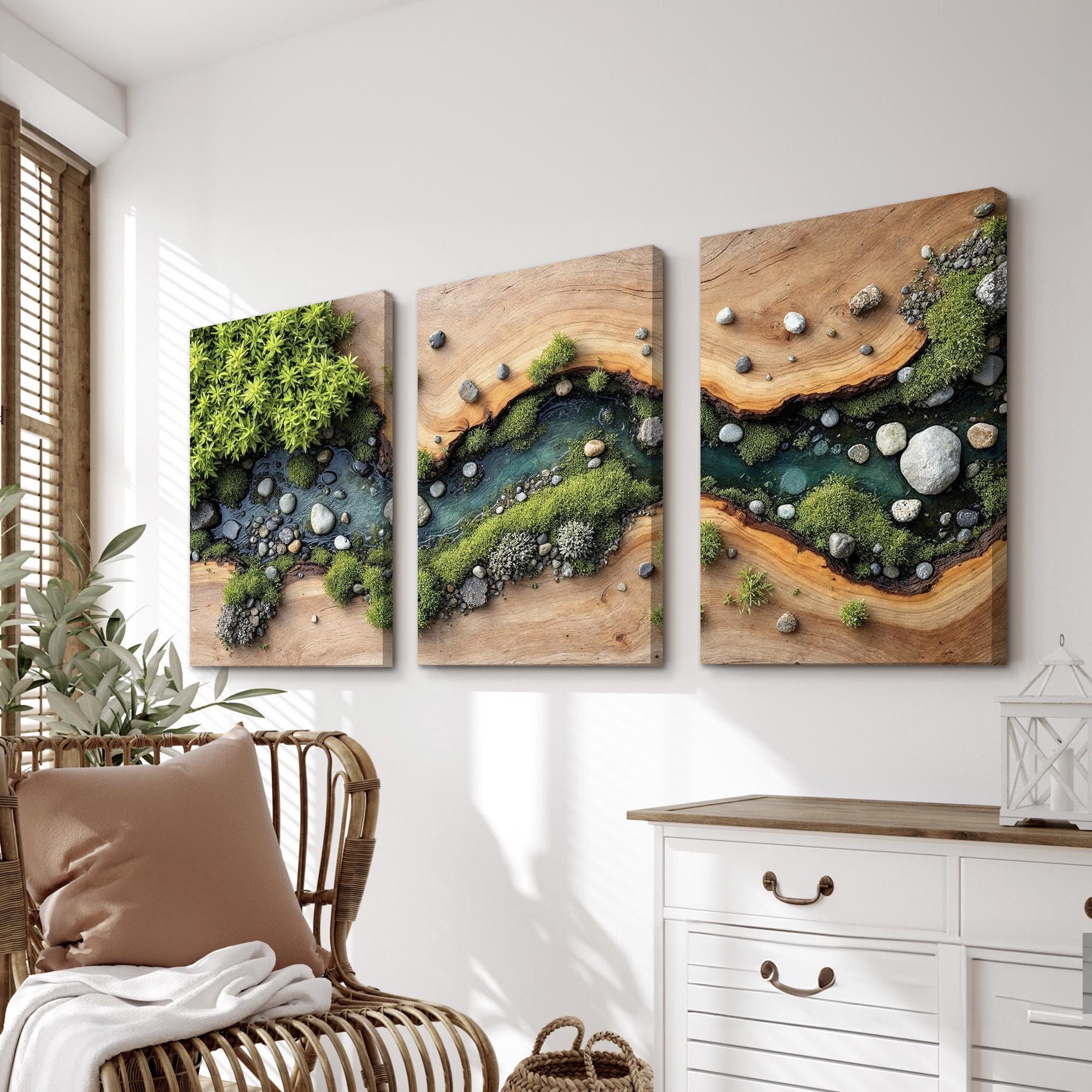 Nature Wall Art Set of 3 | River Flow With Green Moss and Stones on ...