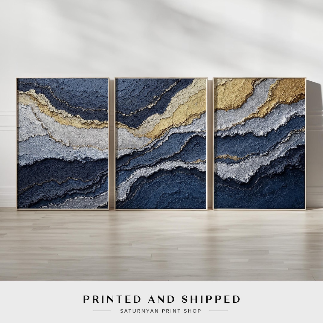 Modern Abstract Navy and Gold Wall Art | Set of 3 Wave Patterns With ...