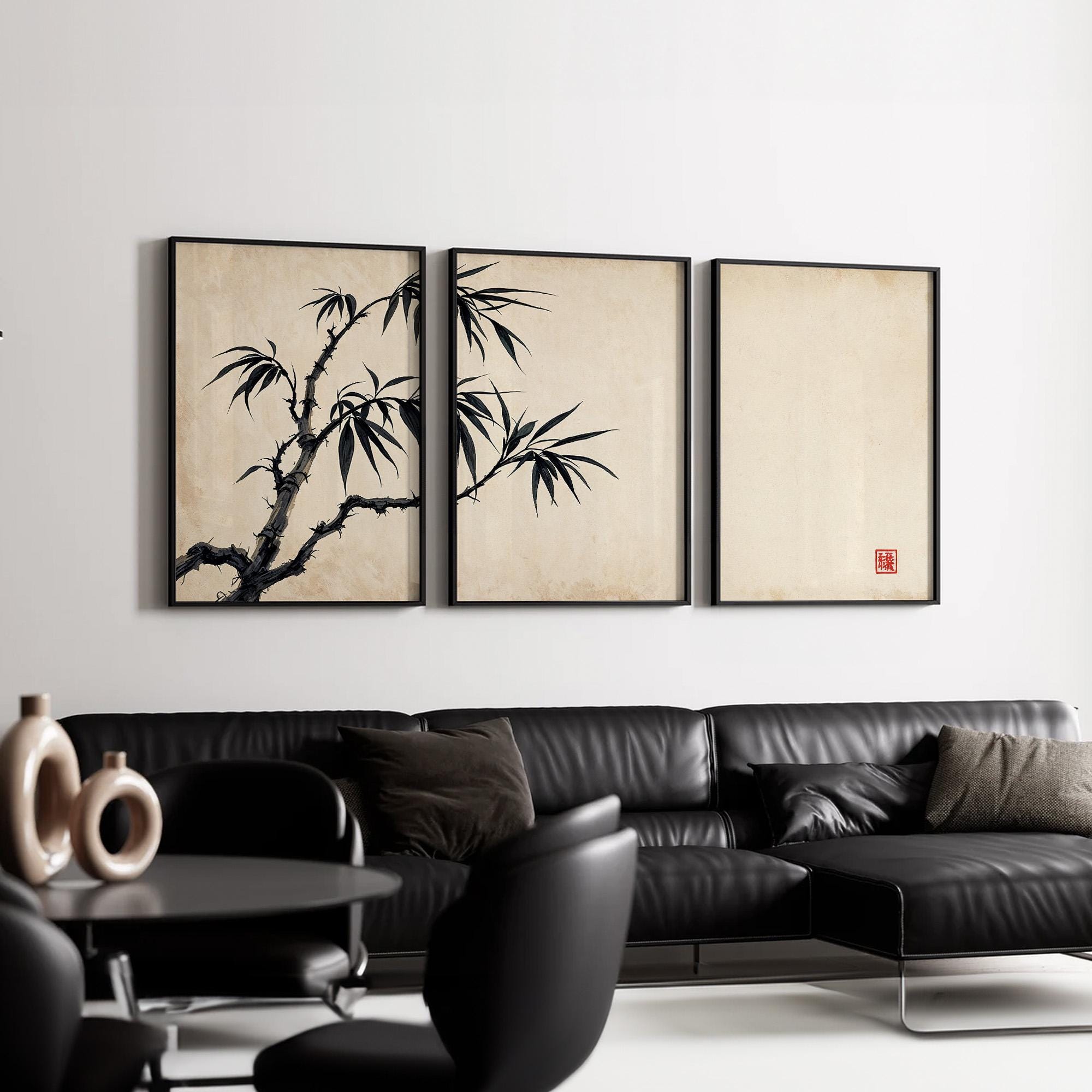Japanese Minimalist Bamboo Wall Art Set of 3 | Zen Sumi-e Ink Painting ...