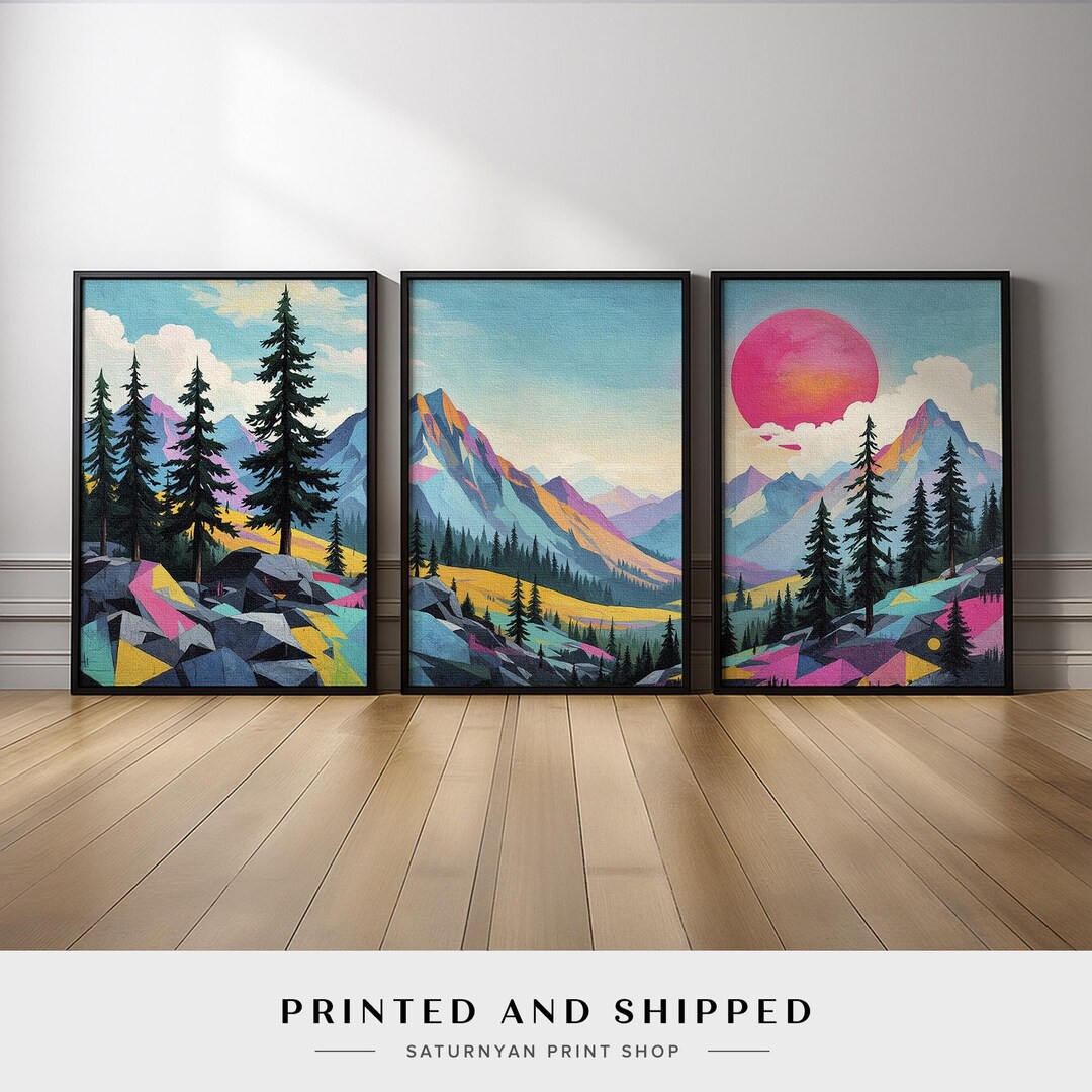 Large Landscape Wall Art Set of 3 | Colorful Mountain Triptych With ...