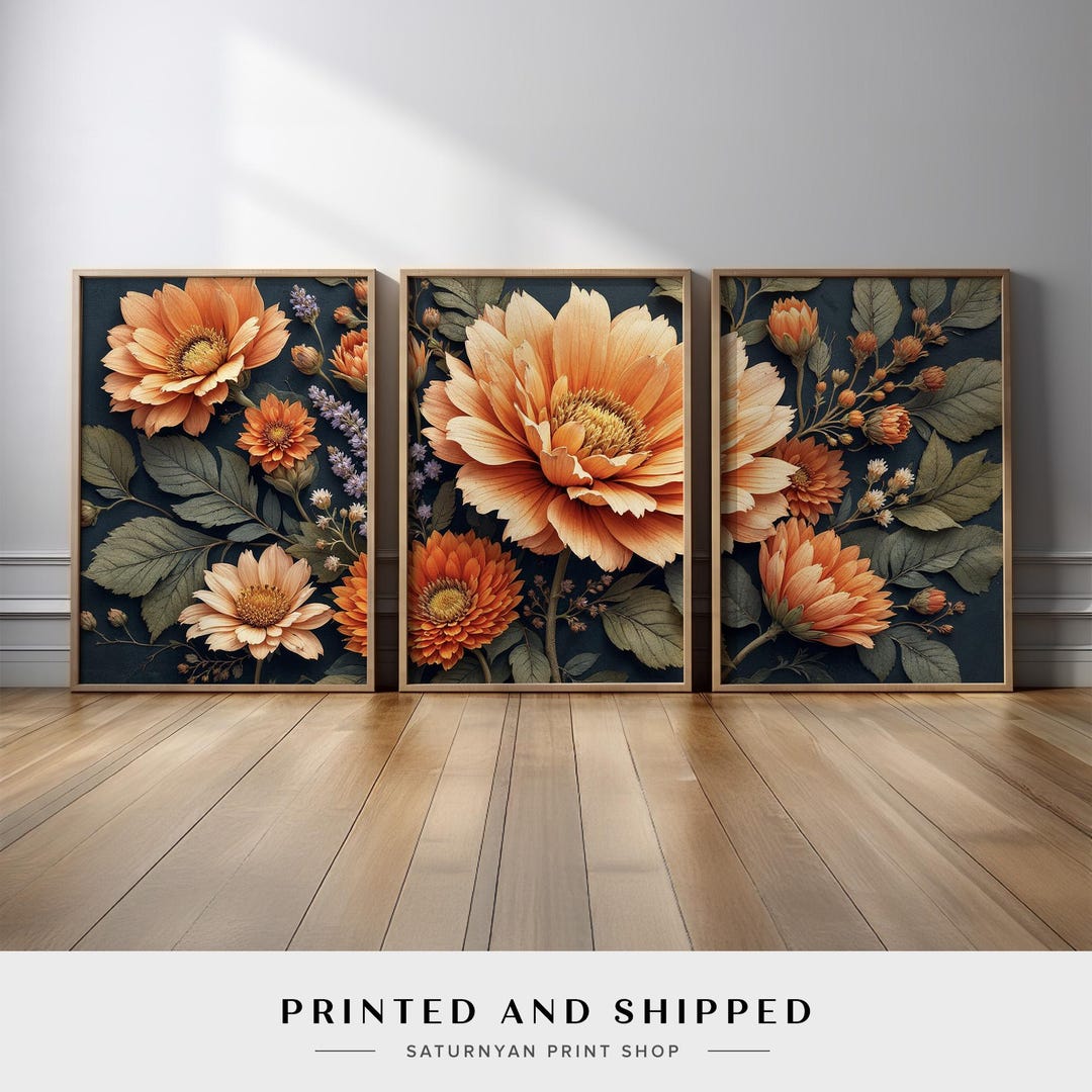Modern Bold Floral Wall Art Set of 3 | Rustic Orange and Cream Flowers ...