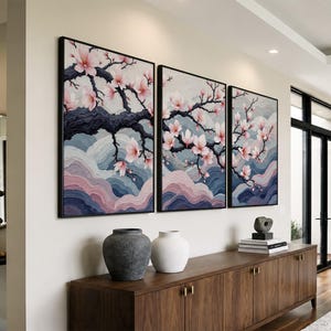 Japanese Cherry Blossom Wall Art Set, Sakura Tree Wall Decor, Elegant Floral Triptych, Zen Meditation Art, Soft Pink Nature Canvas Print bild 4
