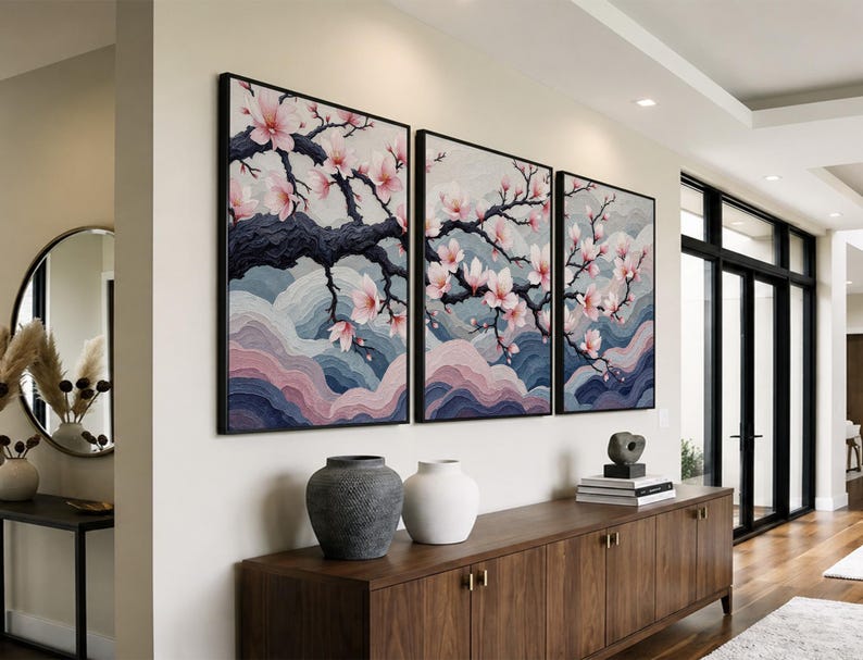 Japanese Cherry Blossom Wall Art Set, Sakura Tree Wall Decor, Elegant Floral Triptych, Zen Meditation Art, Soft Pink Nature Canvas Print bild 4