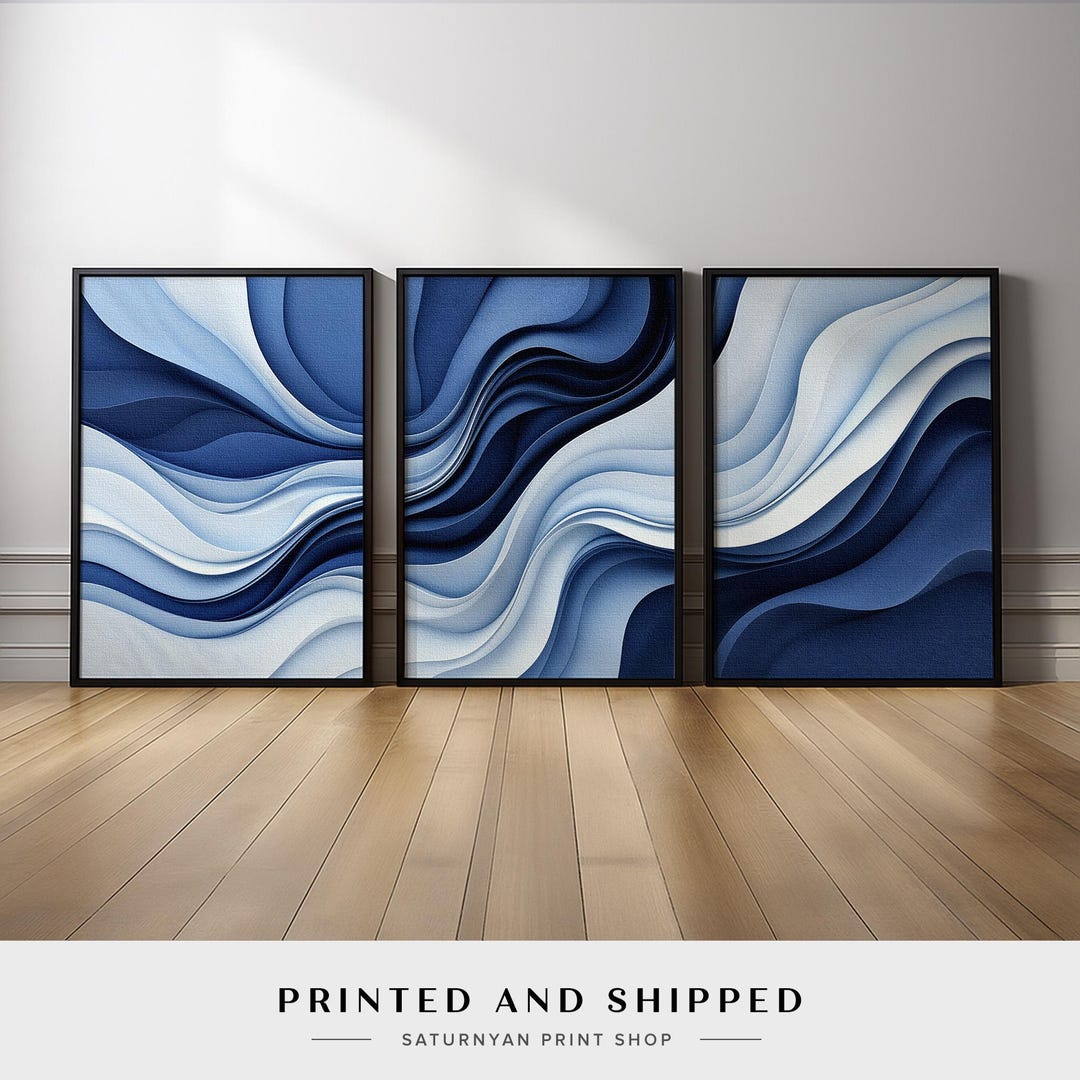 Abstract Ocean Wave Wall Art Set of 3 | Navy Blue White Canvas Prints ...