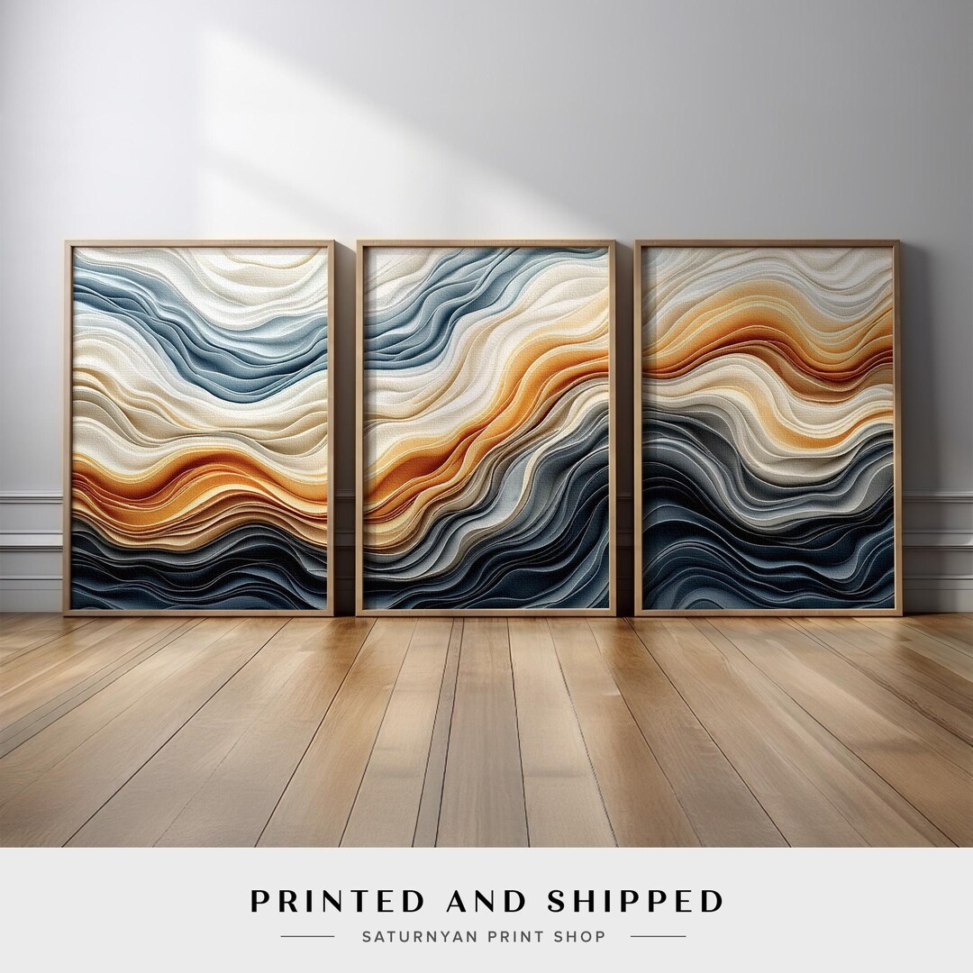 Large Abstract Wall Art Set of 3 | Neutral Blue Beige Triptych With ...