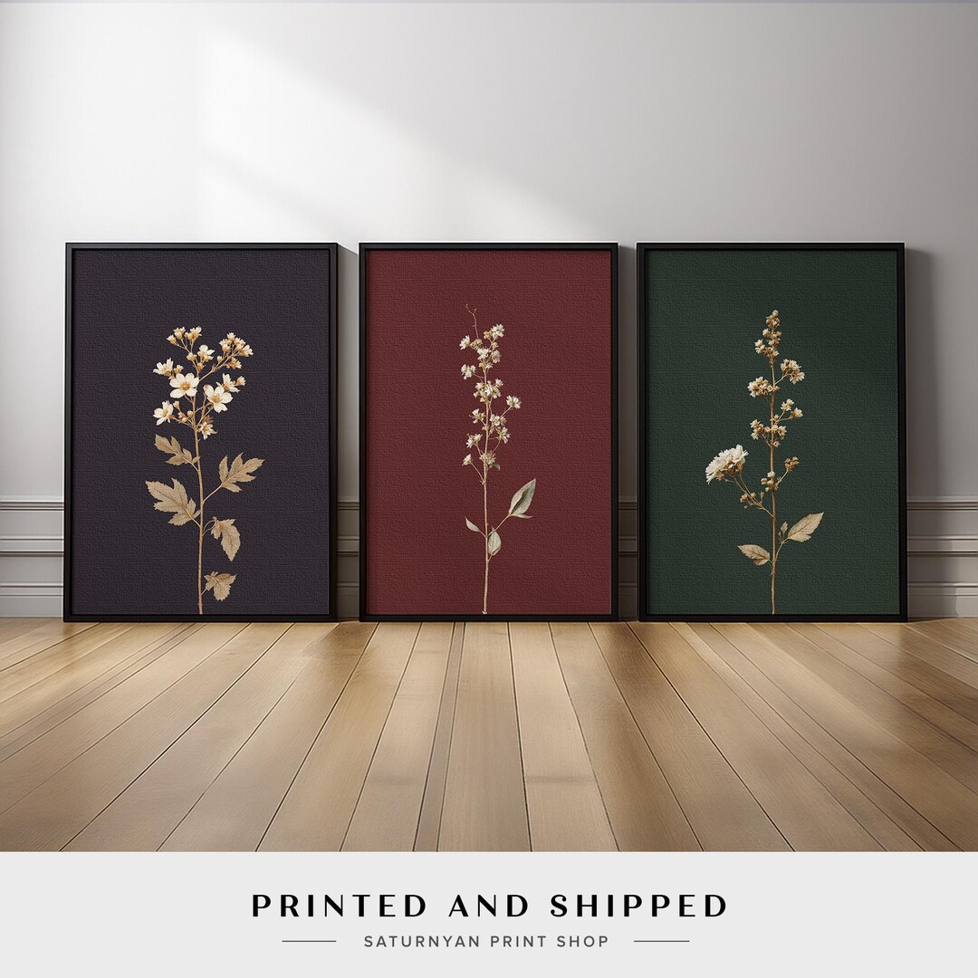 Botanical Wall Art Set of 3 | Dark Elegant Floral Burgundy, Green ...