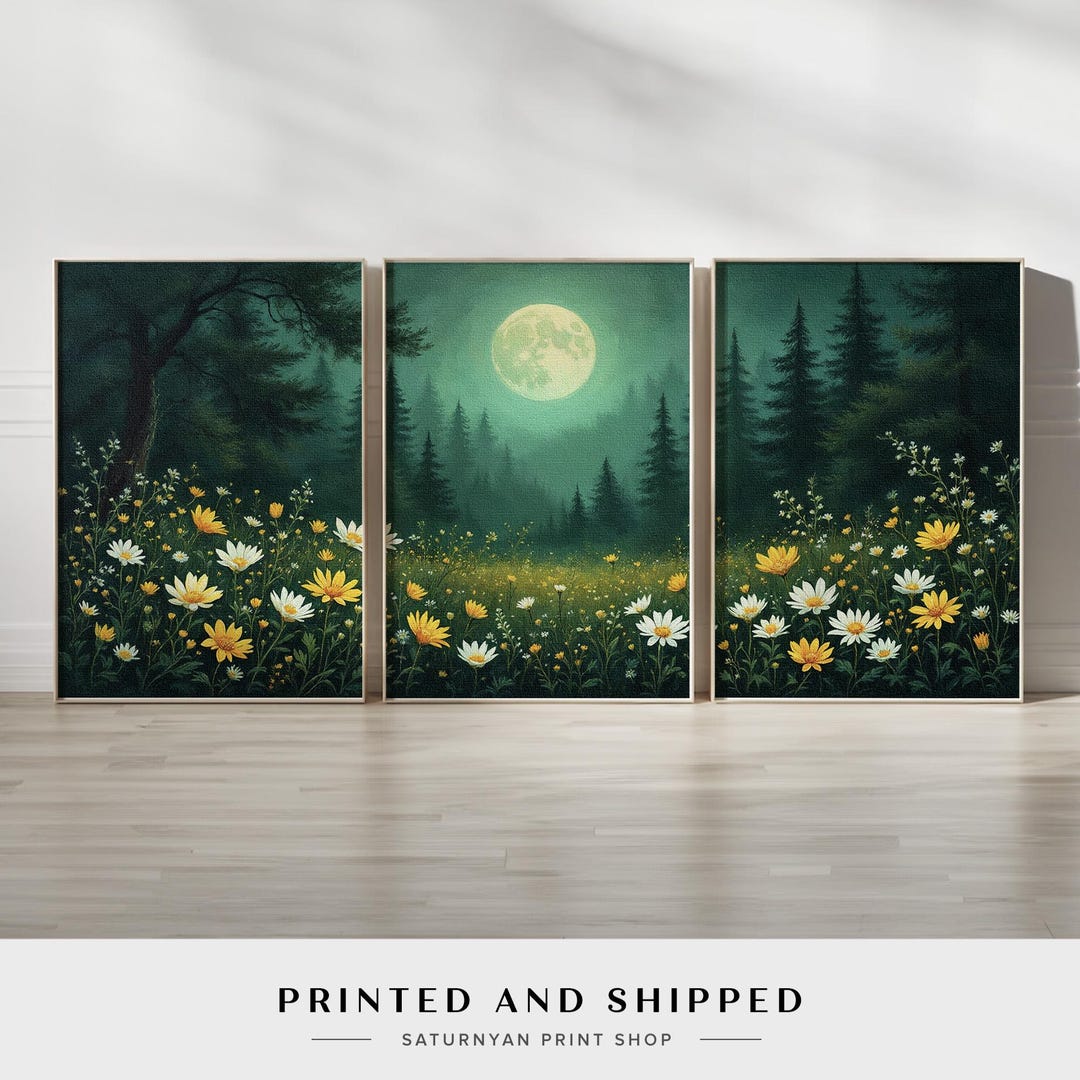 Moonlit Forest Meadow Triptych Wall Art | Full Moon and Wildflower ...