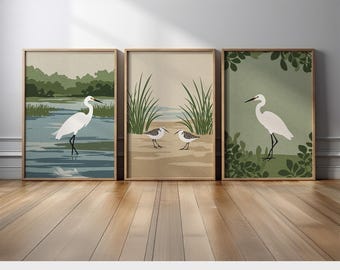 Bird Wall Art Set of 3 | Coastal Egret and Wetland Bird Triptych with Soft Green Background for Calm Bedroom Wall Decor