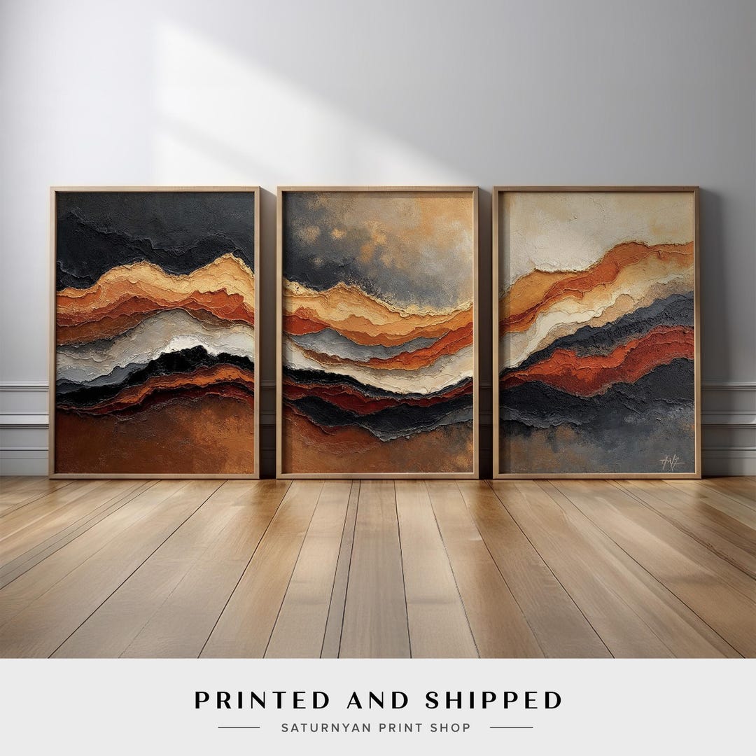 Rustic Abstract Triptych Wall Art Set | Warm Neutral Canvas Print With ...