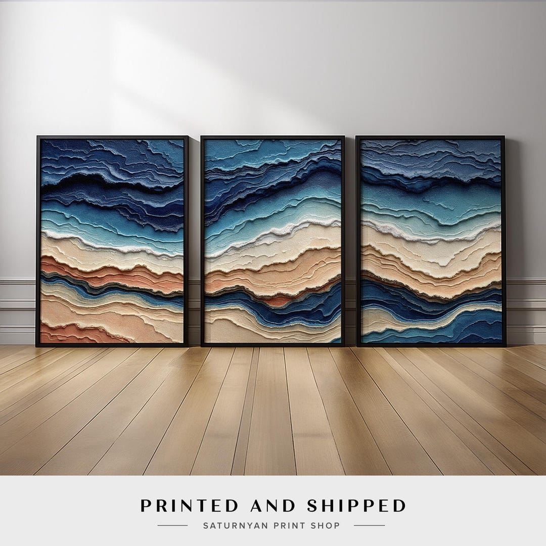 Blue Coastal Abstract Wall Art Set of 3 | Layered Ocean Inspired ...
