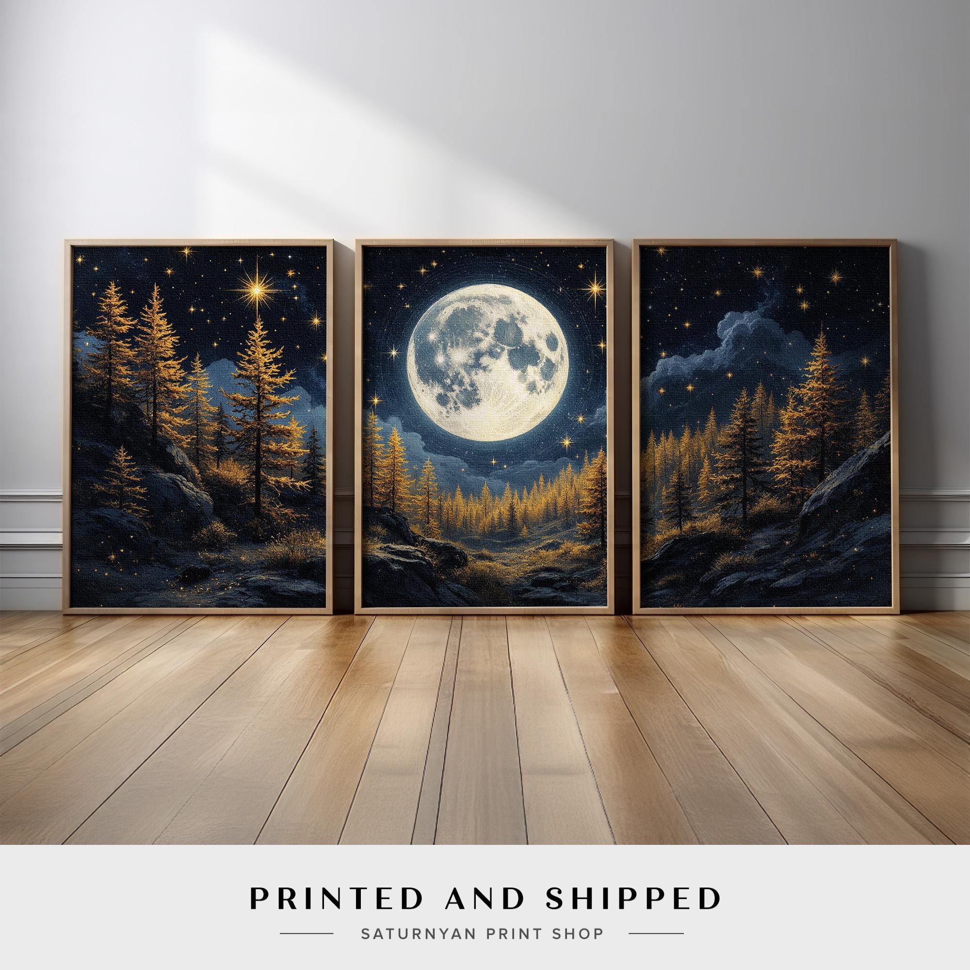 Moonlit Forest Wall Art Set of 3 | Full Moon Over Golden Pine Trees and ...