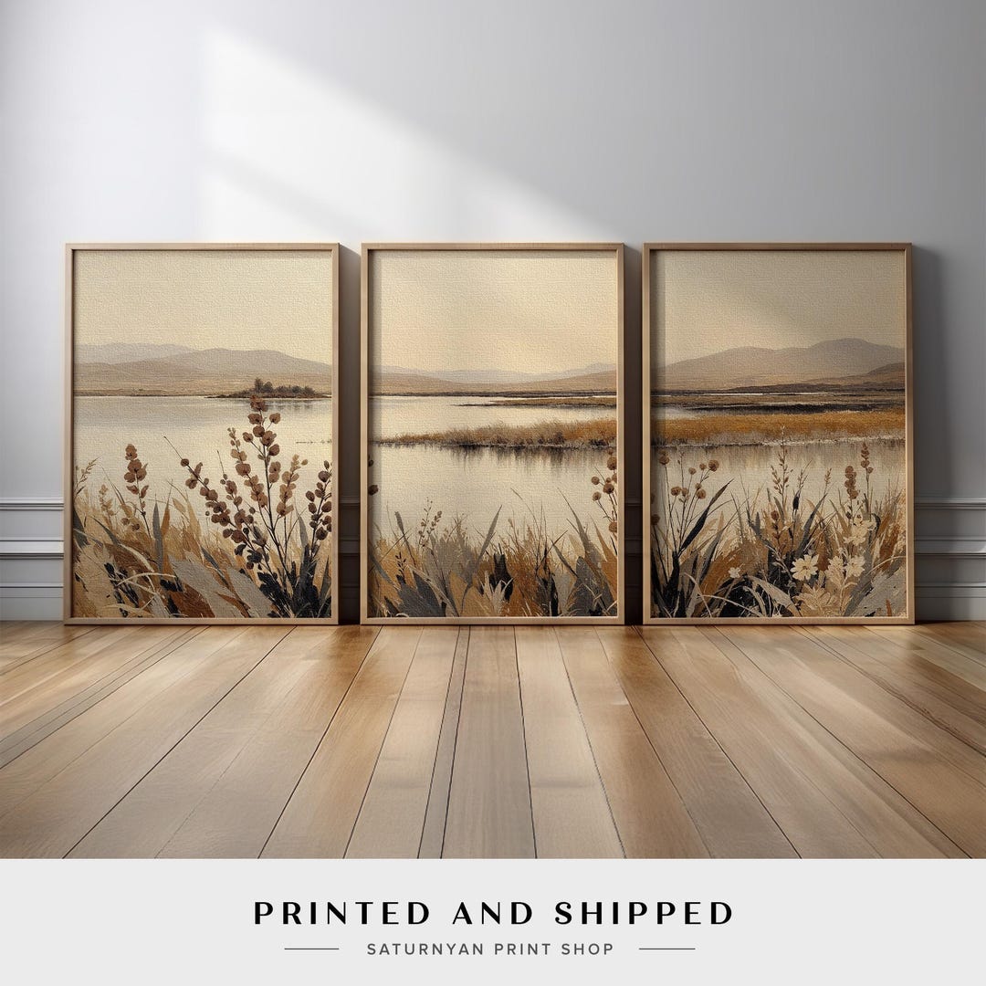 Neutral Landscape Wall Art Set of 3 | Serene Lake Nature in Beige Brown ...