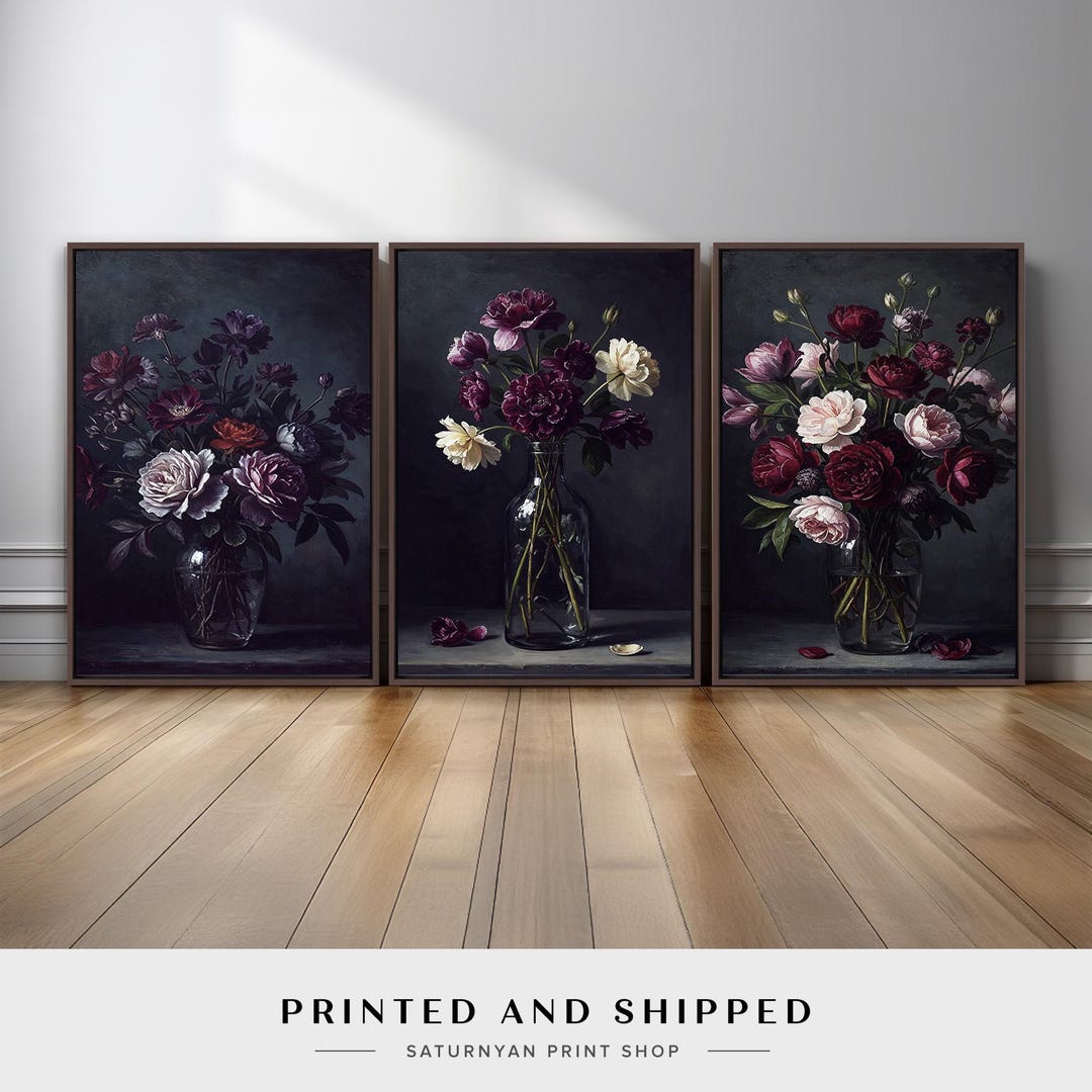 Dark Moody Floral Wall Art Set of 3 | Vintage Botanical Still Life ...