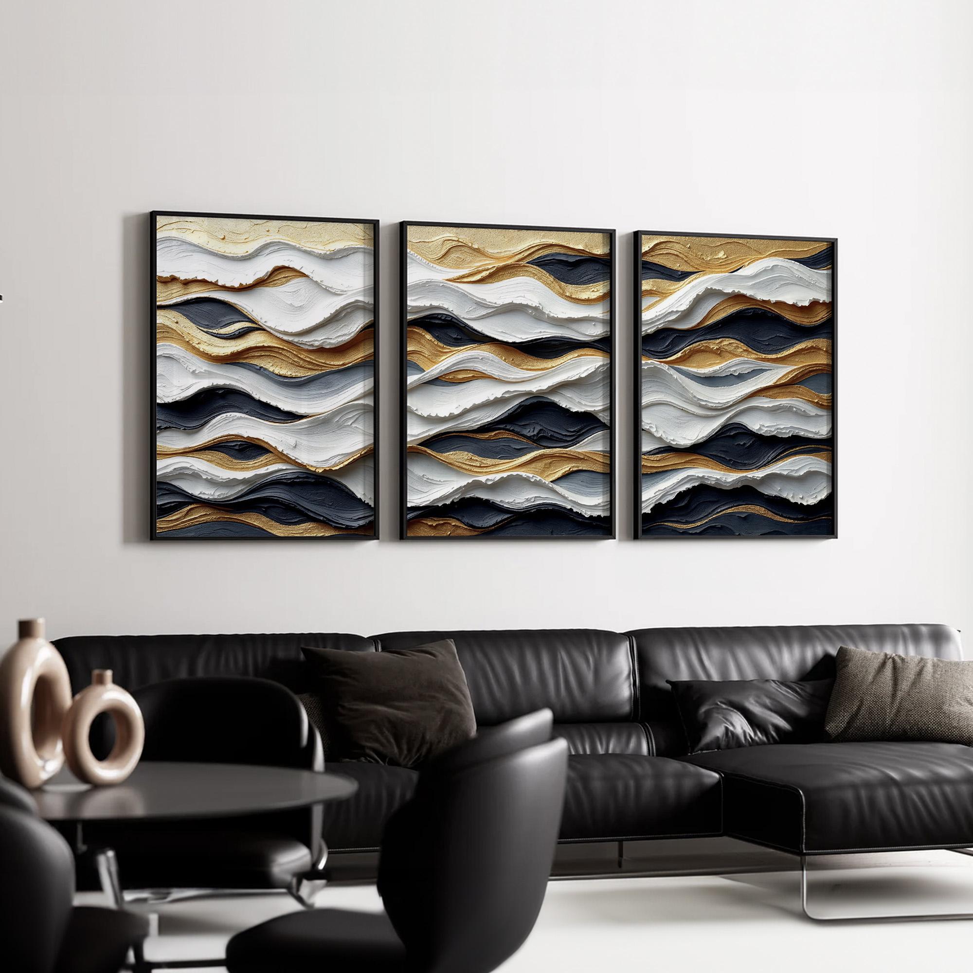 Luxury Abstract Wave Wall Art | Set of 3 Canvas Prints in Black, White ...