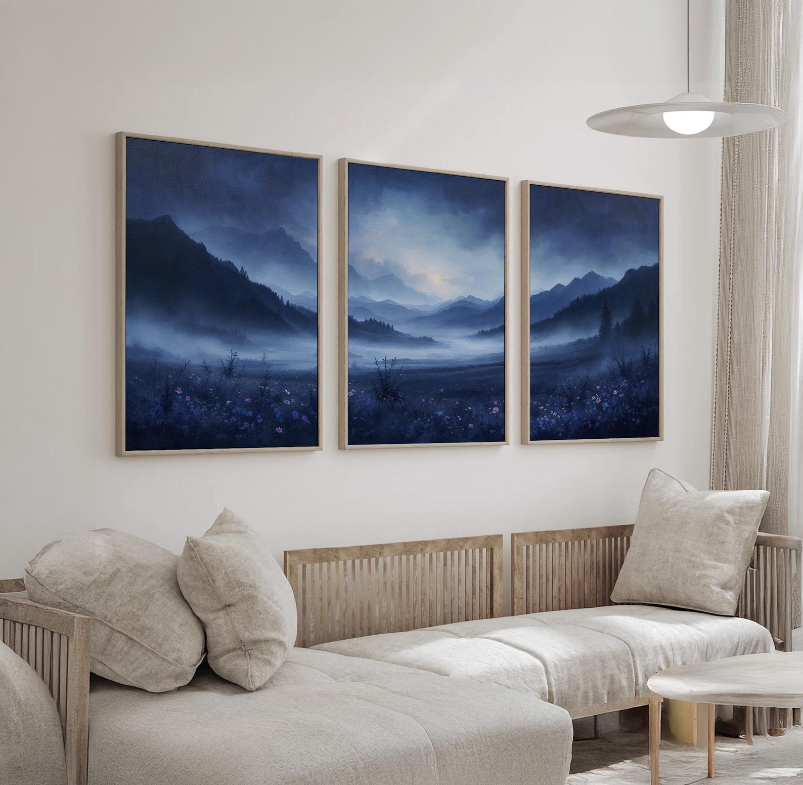 Blue Misty Landscape Wall Art Set of 3 | Foggy Indigo Mountain Valley ...