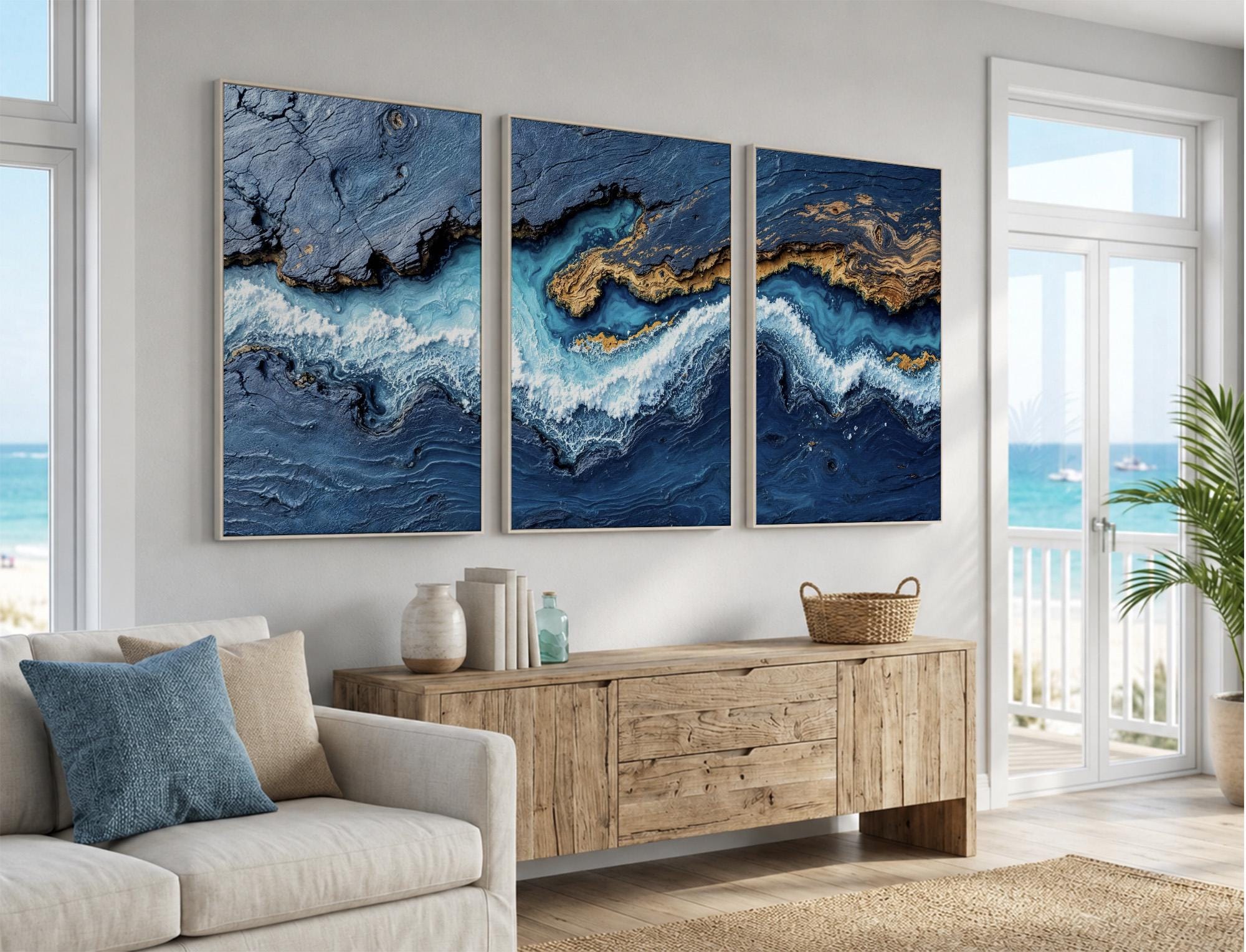 Abstract Ocean Wall Art Triptych | Modern Seascape Blue Wave