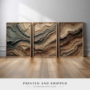 Earthy Wood Grain Abstract Wall Art | Set of 3 Stone Formation Canvas Prints | Natural Brown Beige Artwork | Modern Neutral Home Decor