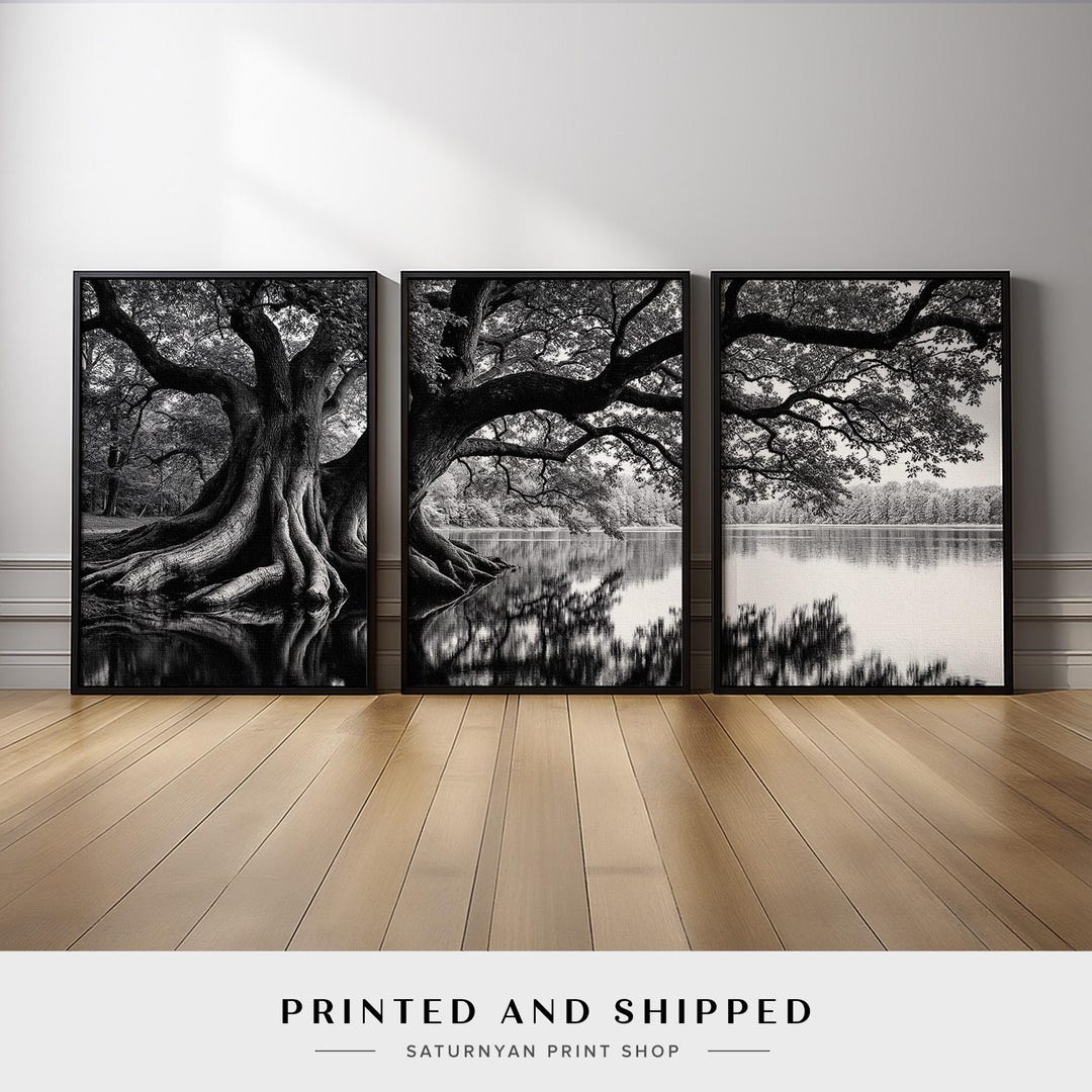Black and White Tree Wall Art Set of 3 | Monochrome Lake Landscape ...