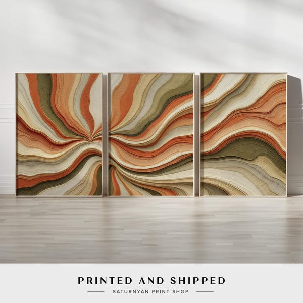 Earthy Abstract Wall Art | Set of 3 Prints with Flowing Beige, Rust, and Olive Green Patterns for Modern Rustic Home Decor
